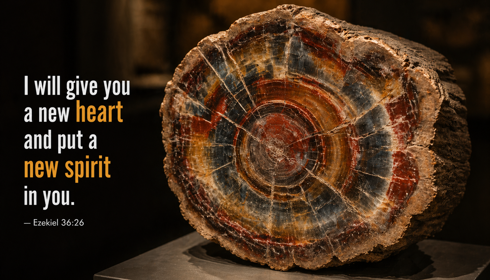 Petrified wood cross-section showing ring patterns still visible, looks like stone but was once alive, museum light, text I will give you a new heart and put a new spirit in you Ezekiel 36:26 -- HD wallpaper